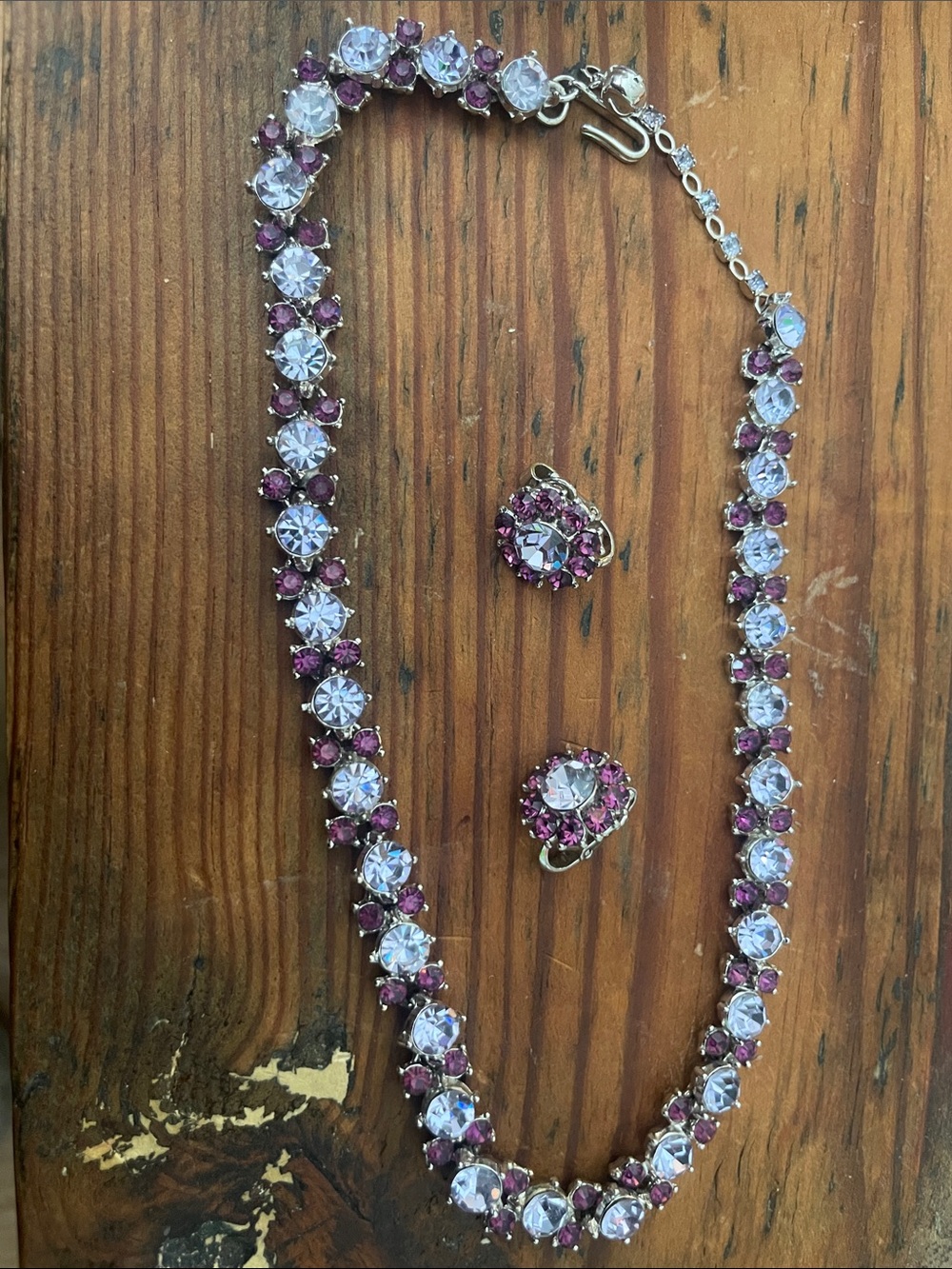 Trifari Clear and Purple Rhinestone Necklace with Matching Clip Earrings